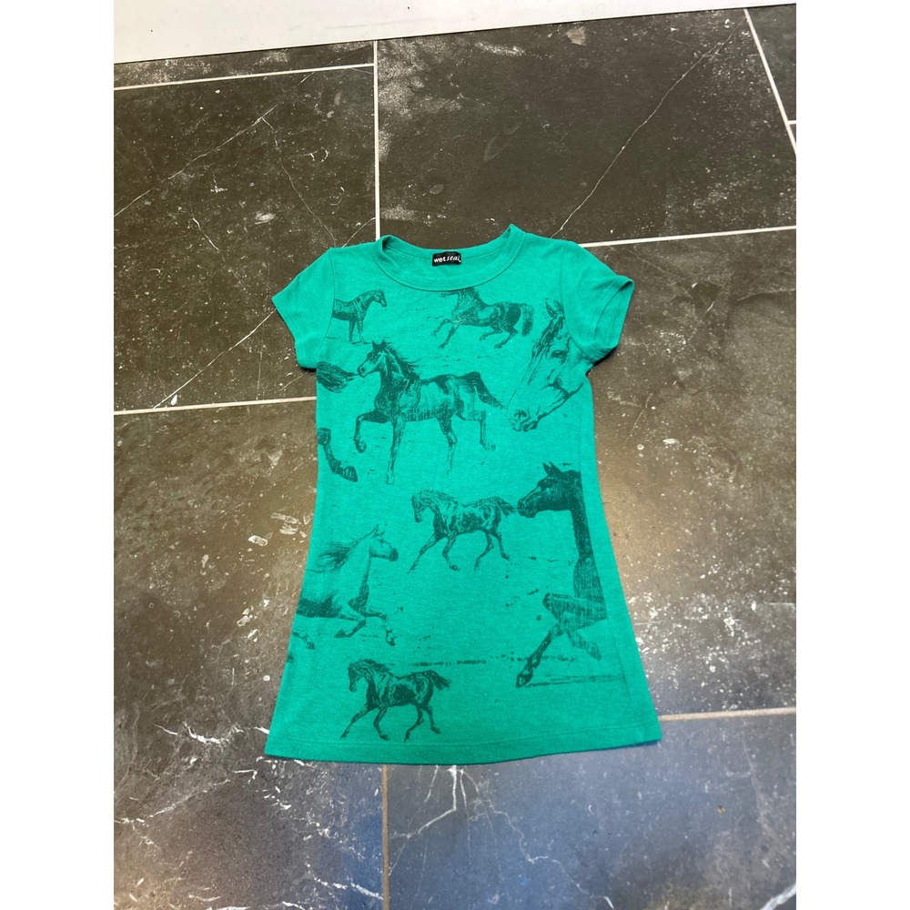 Wet Seal Green Horse Graphic Print Short Sleeve T-Shirt Women Large Y2K Style